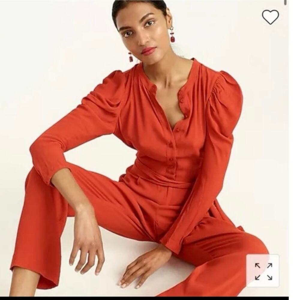J.Crew Puff Sleeves Burnt Orange One Piece Belted Jumpsuit Button Front 8 NEW